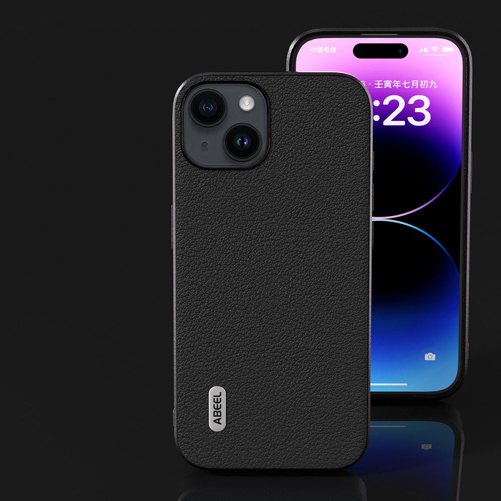 Uniqkart For iPhone 15 Shockproof Phone Cover Genuine Cow Leather Coated PC+TPU Waves Texture Case - Black