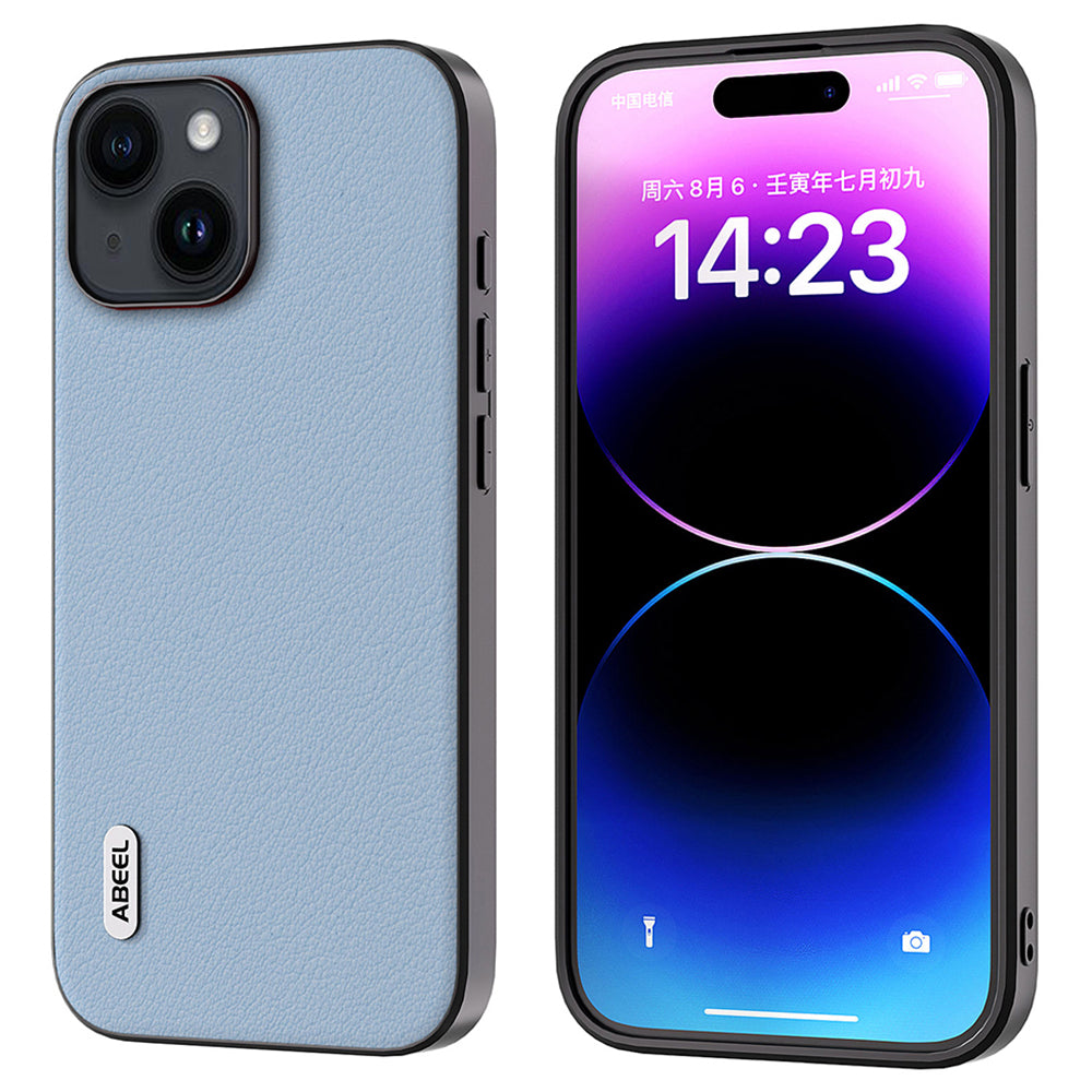 Uniqkart For iPhone 15 Shockproof Phone Cover Genuine Cow Leather Coated PC+TPU Waves Texture Case - Blue