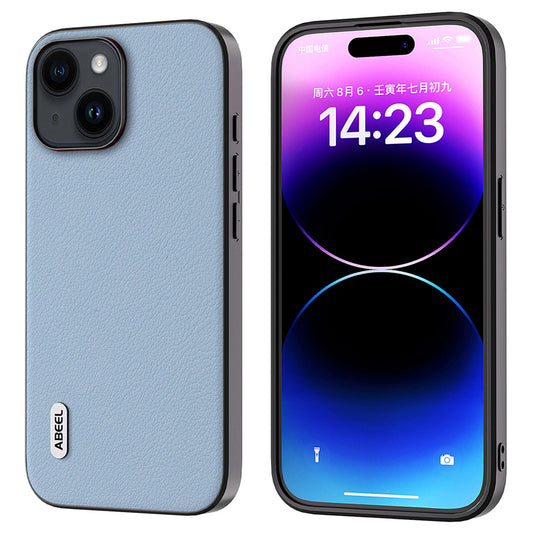 Uniqkart For iPhone 15 Shockproof Phone Cover Genuine Cow Leather Coated PC+TPU Waves Texture Case - Blue