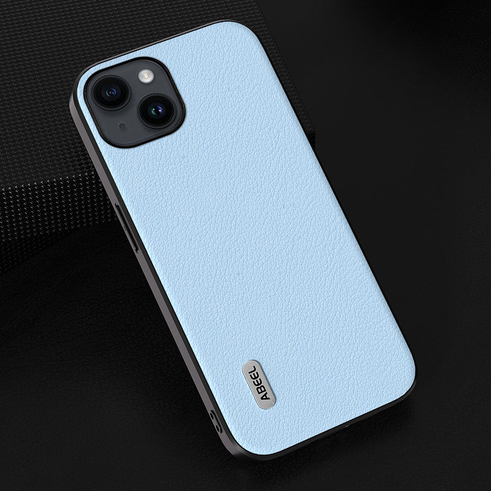 Uniqkart For iPhone 15 Shockproof Phone Cover Genuine Cow Leather Coated PC+TPU Waves Texture Case - Blue