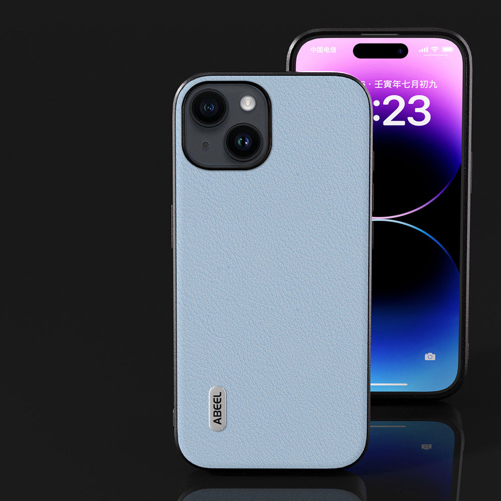 Uniqkart For iPhone 15 Shockproof Phone Cover Genuine Cow Leather Coated PC+TPU Waves Texture Case - Blue