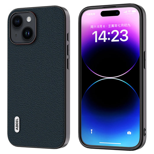 Uniqkart For iPhone 15 Shockproof Phone Cover Genuine Cow Leather Coated PC+TPU Waves Texture Case - Green