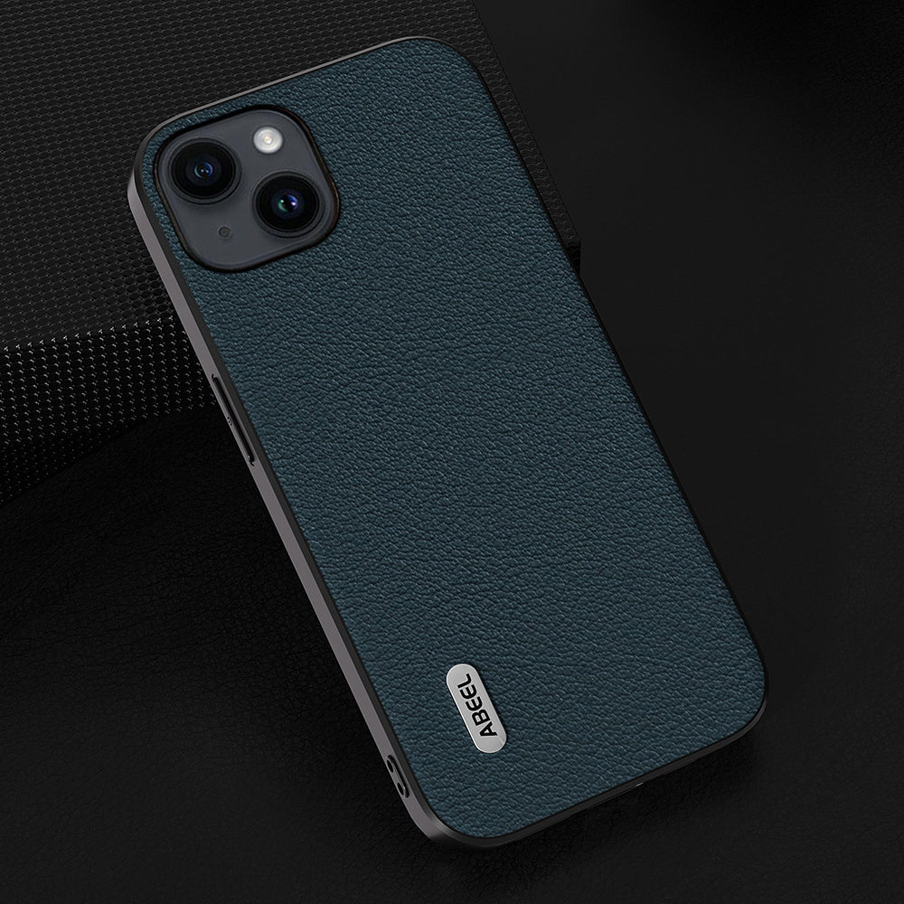 Uniqkart For iPhone 15 Shockproof Phone Cover Genuine Cow Leather Coated PC+TPU Waves Texture Case - Green