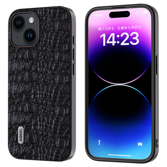 Uniqkart for iPhone 15 Slim-Fit Phone Case Genuine Cow Leather Coated PC+TPU Canopy Texture Cover - Black