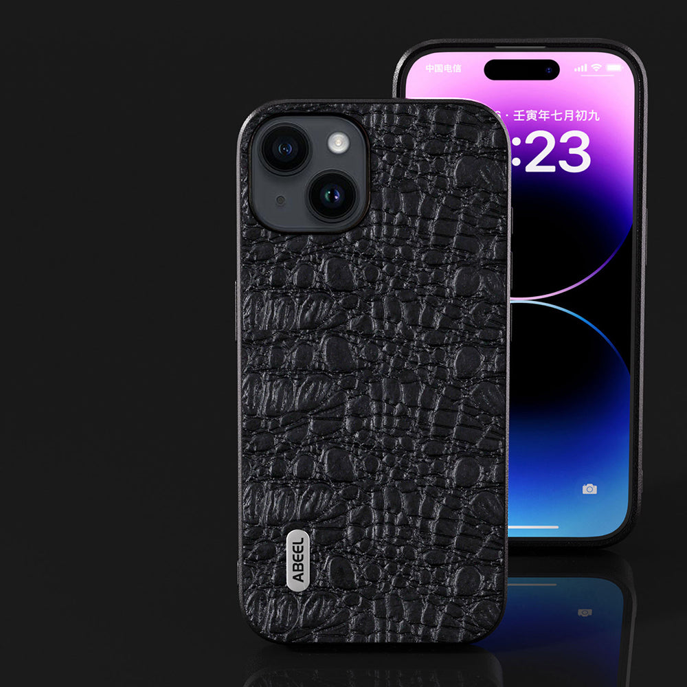 Uniqkart for iPhone 15 Slim-Fit Phone Case Genuine Cow Leather Coated PC+TPU Canopy Texture Cover - Black
