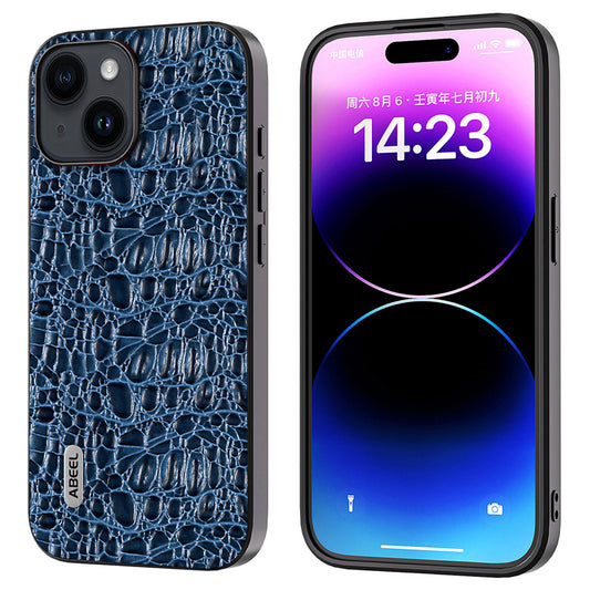 Uniqkart For iPhone 15 Slim-Fit Phone Case Genuine Cow Leather Coated PC+TPU Canopy Texture Cover - Blue