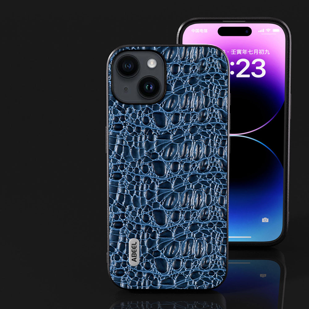 Uniqkart For iPhone 15 Slim-Fit Phone Case Genuine Cow Leather Coated PC+TPU Canopy Texture Cover - Blue