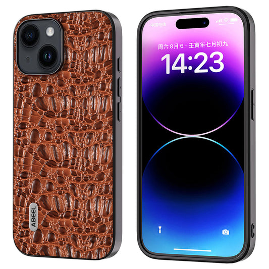 Uniqkart for iPhone 15 Slim-Fit Phone Case Genuine Cow Leather Coated PC+TPU Canopy Texture Cover - Brown