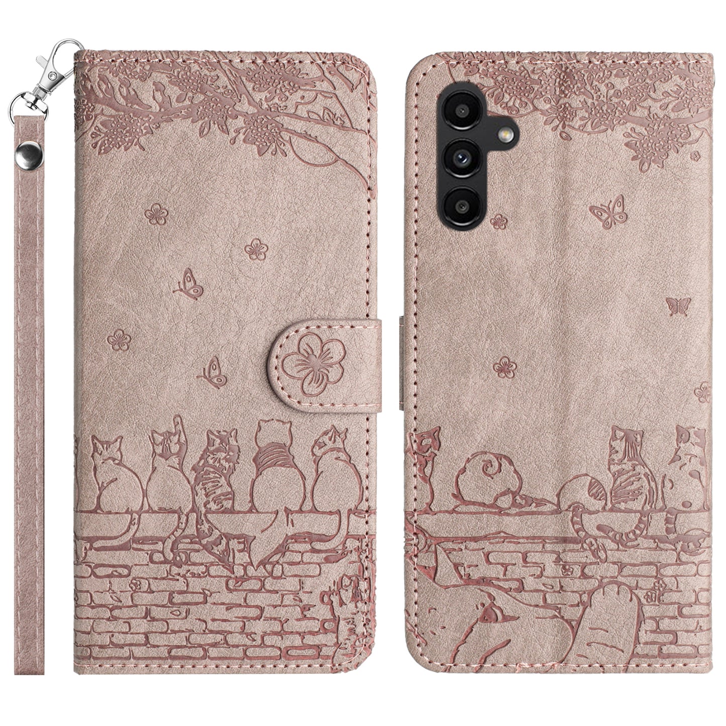 Uniqkart for Samsung Galaxy A14 4G / 5G Phone Cover Leather Stand Imprinted Wall Cats Phone Case Wallet with Strap - Smoky Purple