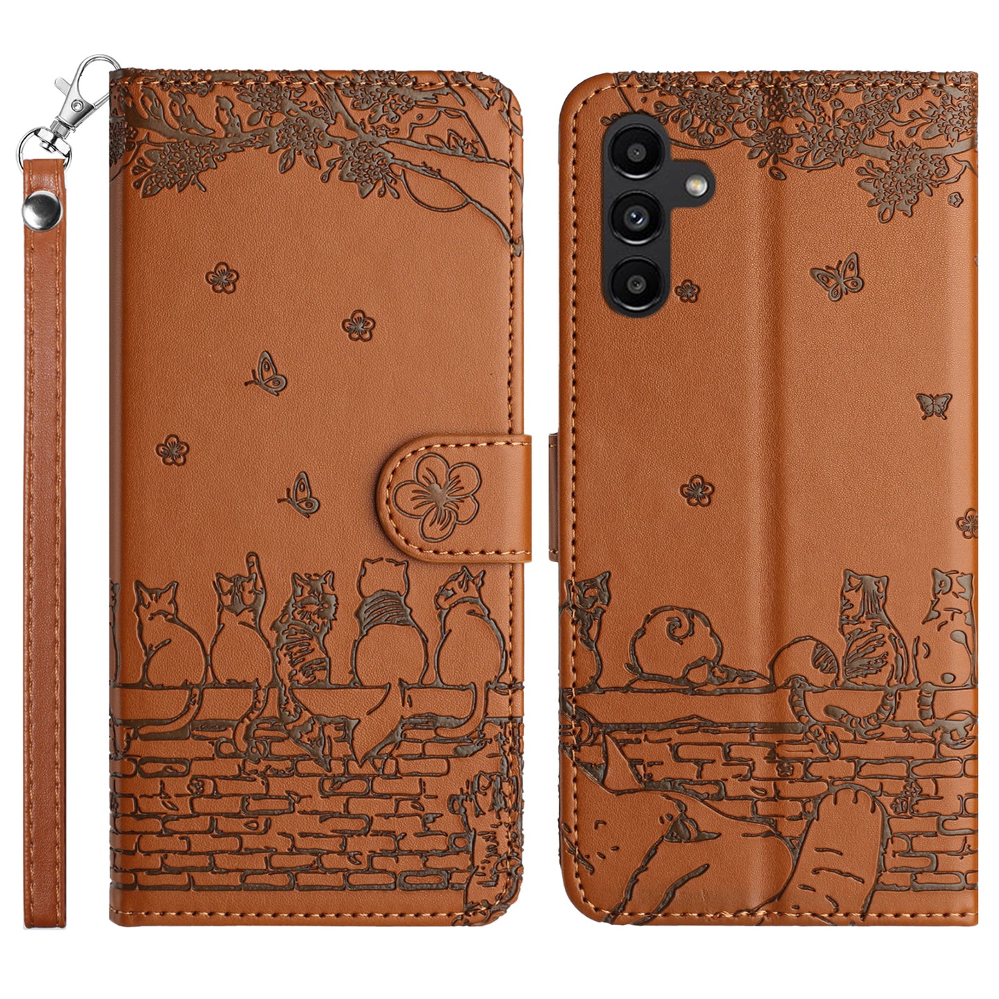 Uniqkart for Samsung Galaxy A24 4G Imprinted Wall Cats Phone Case Anti-Scratch Stand Wallet PU Leather Phone Cover with Strap - Brown
