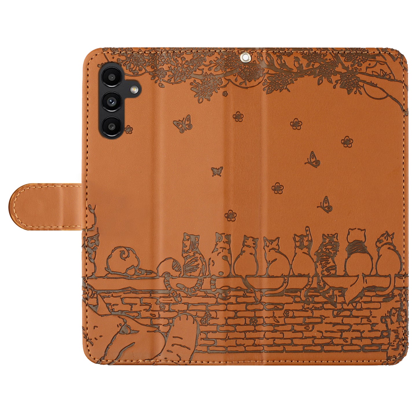 Uniqkart for Samsung Galaxy A24 4G Imprinted Wall Cats Phone Case Anti-Scratch Stand Wallet PU Leather Phone Cover with Strap - Brown