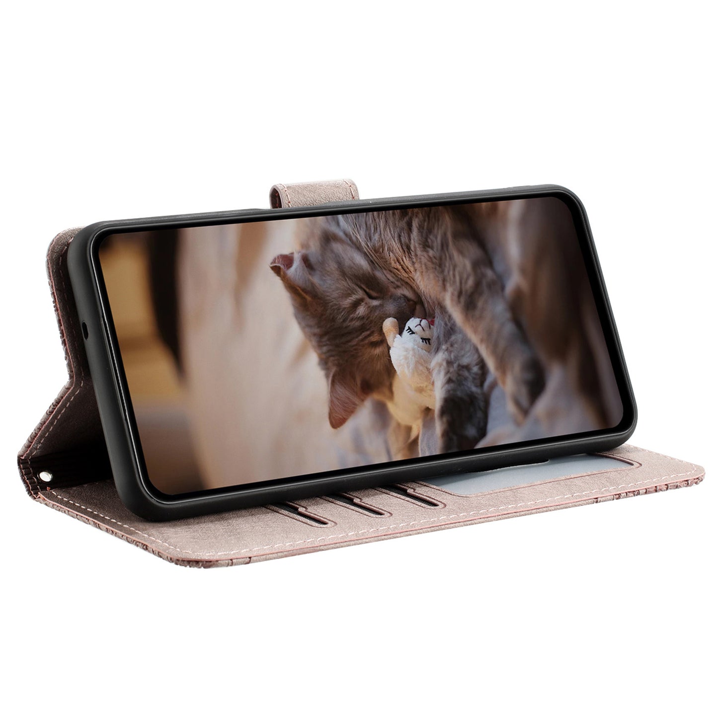 Uniqkart for Samsung Galaxy A24 4G Imprinted Wall Cats Phone Case Anti-Scratch Stand Wallet PU Leather Phone Cover with Strap - Smoky Purple