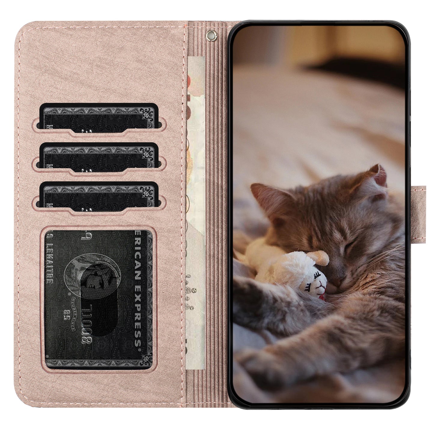 Uniqkart for Samsung Galaxy A24 4G Imprinted Wall Cats Phone Case Anti-Scratch Stand Wallet PU Leather Phone Cover with Strap - Smoky Purple