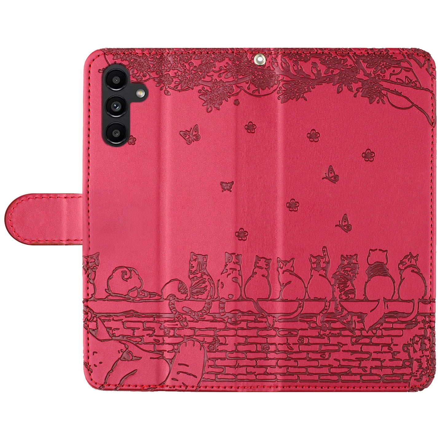 Uniqkart for Samsung Galaxy A24 4G Imprinted Wall Cats Phone Case Anti-Scratch Stand Wallet PU Leather Phone Cover with Strap - Red