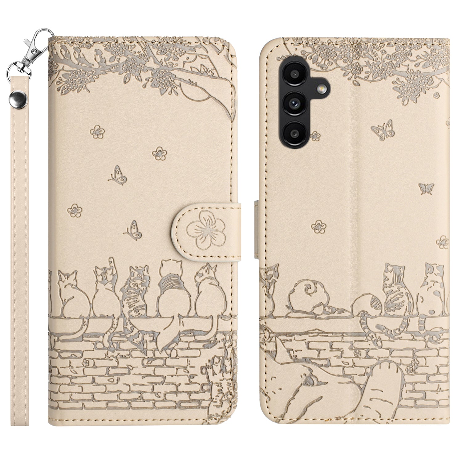Uniqkart for Samsung Galaxy A24 4G Imprinted Wall Cats Phone Case Anti-Scratch Stand Wallet PU Leather Phone Cover with Strap - Apricot