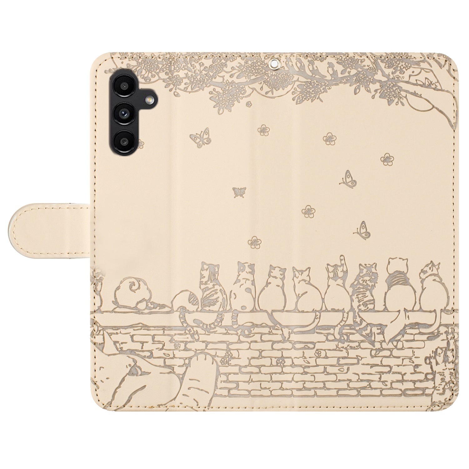 Uniqkart for Samsung Galaxy A24 4G Imprinted Wall Cats Phone Case Anti-Scratch Stand Wallet PU Leather Phone Cover with Strap - Apricot