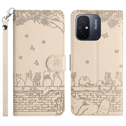 Uniqkart for Xiaomi Redmi 12C 4G / 11A 4G Multifunction Wallet Phone Cover Imprinted Wall Cats PU Leather Stand Phone Case with Strap - Apricot
