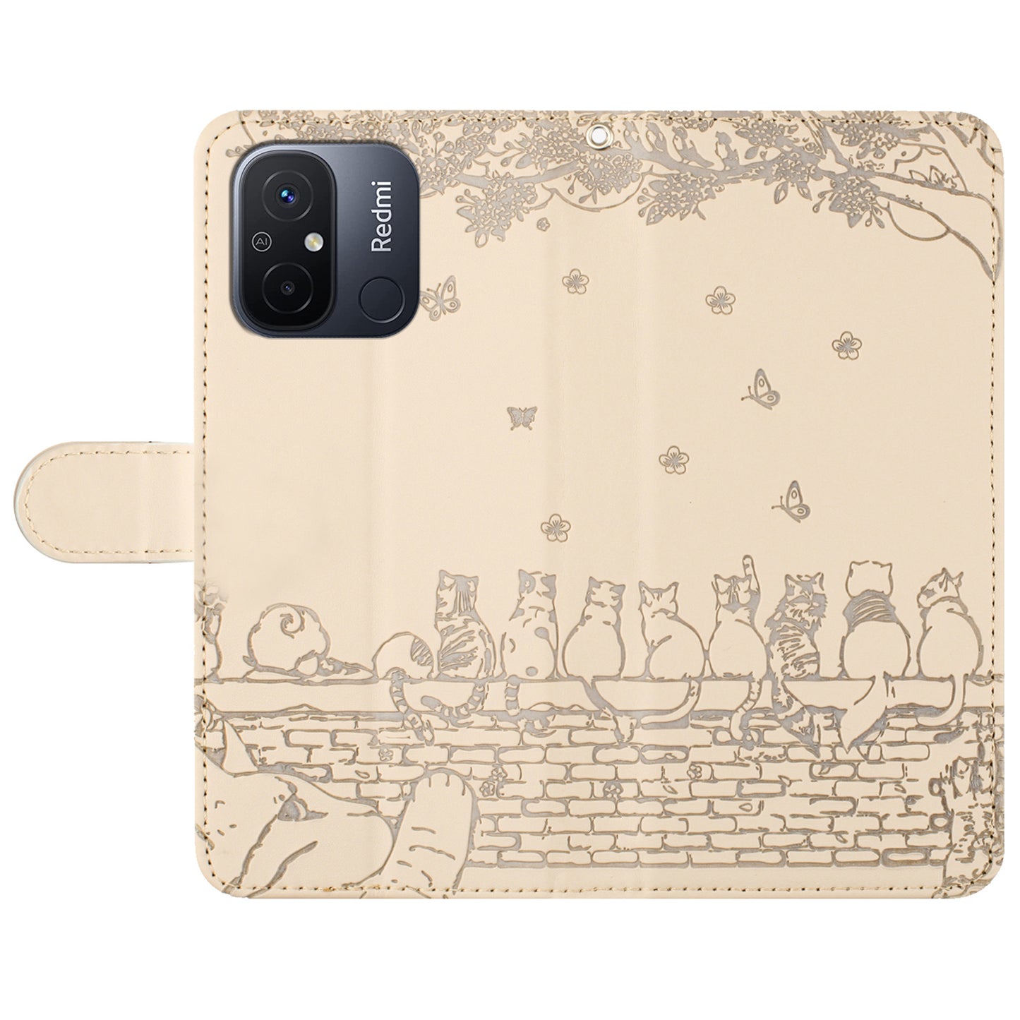 Uniqkart for Xiaomi Redmi 12C 4G / 11A 4G Multifunction Wallet Phone Cover Imprinted Wall Cats PU Leather Stand Phone Case with Strap - Apricot