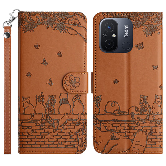Uniqkart for Xiaomi Redmi 12C 4G / 11A 4G Multifunction Wallet Phone Cover Imprinted Wall Cats PU Leather Stand Phone Case with Strap - Brown
