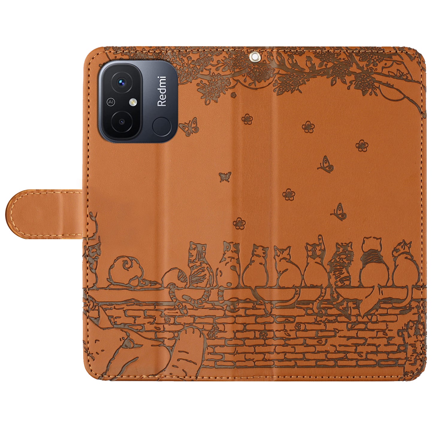 Uniqkart for Xiaomi Redmi 12C 4G / 11A 4G Multifunction Wallet Phone Cover Imprinted Wall Cats PU Leather Stand Phone Case with Strap - Brown