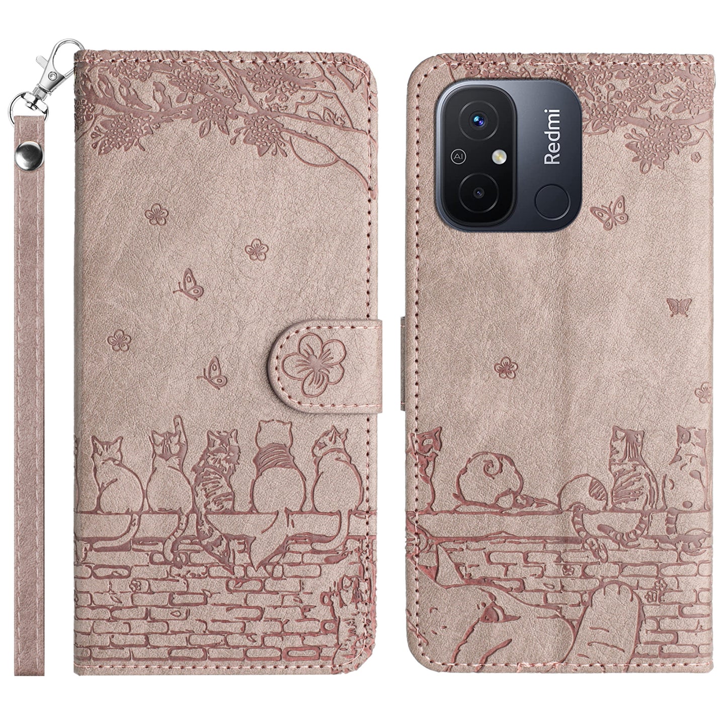 Uniqkart for Xiaomi Redmi 12C 4G / 11A 4G Multifunction Wallet Phone Cover Imprinted Wall Cats PU Leather Stand Phone Case with Strap - Smoky Purple