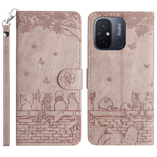 Uniqkart for Xiaomi Redmi 12C 4G / 11A 4G Multifunction Wallet Phone Cover Imprinted Wall Cats PU Leather Stand Phone Case with Strap - Smoky Purple