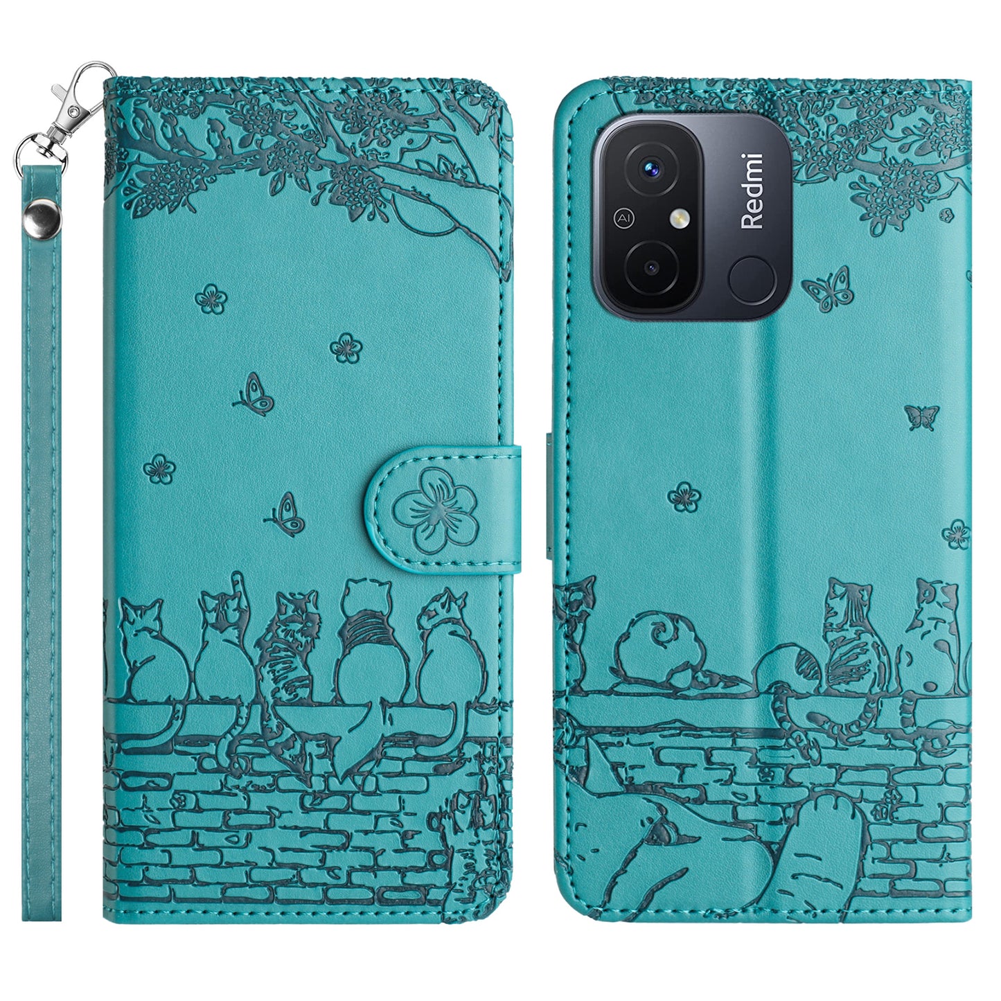 Uniqkart for Xiaomi Redmi 12C 4G / 11A 4G Multifunction Wallet Phone Cover Imprinted Wall Cats PU Leather Stand Phone Case with Strap - Blue
