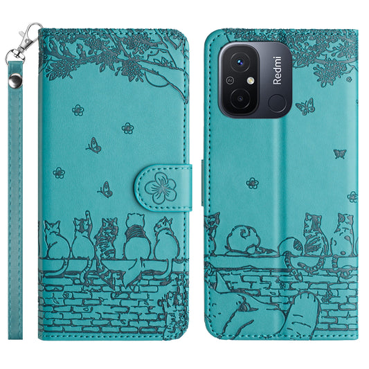 Uniqkart for Xiaomi Redmi 12C 4G / 11A 4G Multifunction Wallet Phone Cover Imprinted Wall Cats PU Leather Stand Phone Case with Strap - Blue