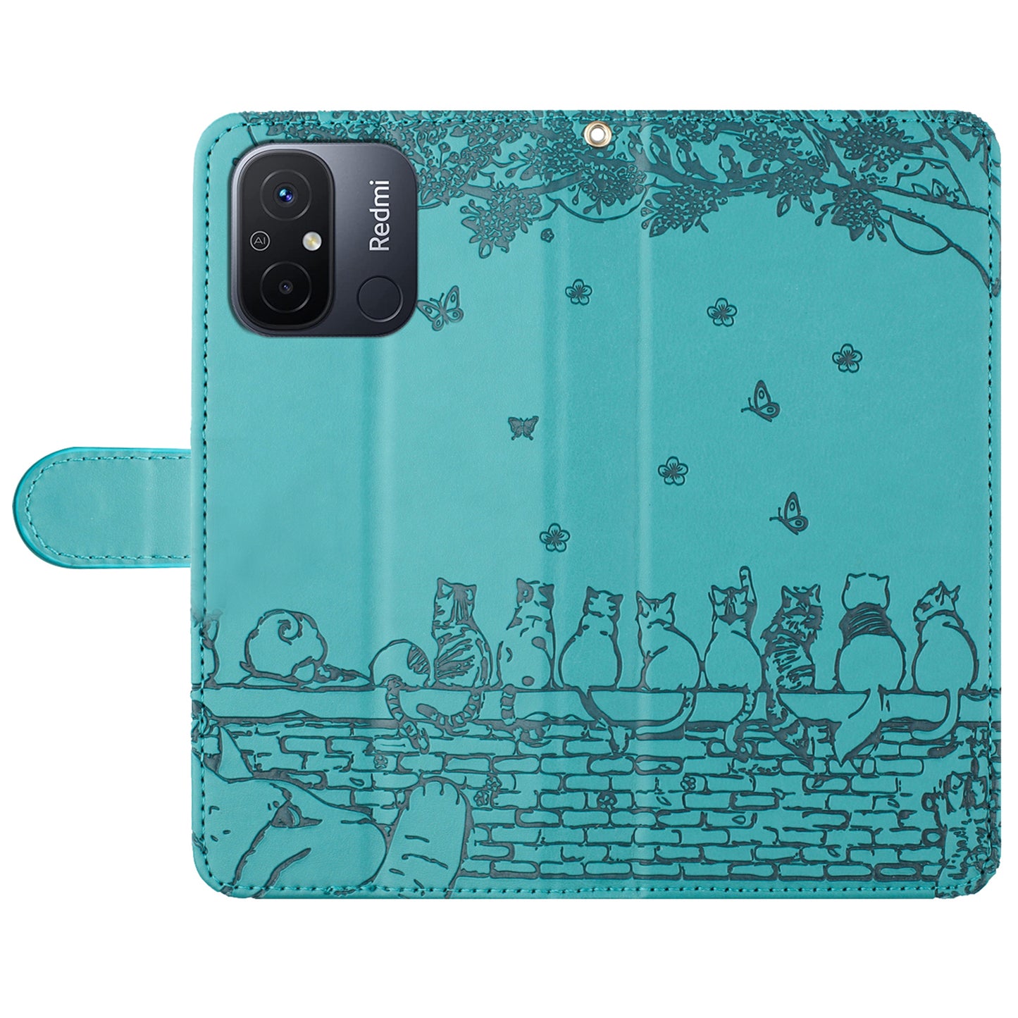 Uniqkart for Xiaomi Redmi 12C 4G / 11A 4G Multifunction Wallet Phone Cover Imprinted Wall Cats PU Leather Stand Phone Case with Strap - Blue