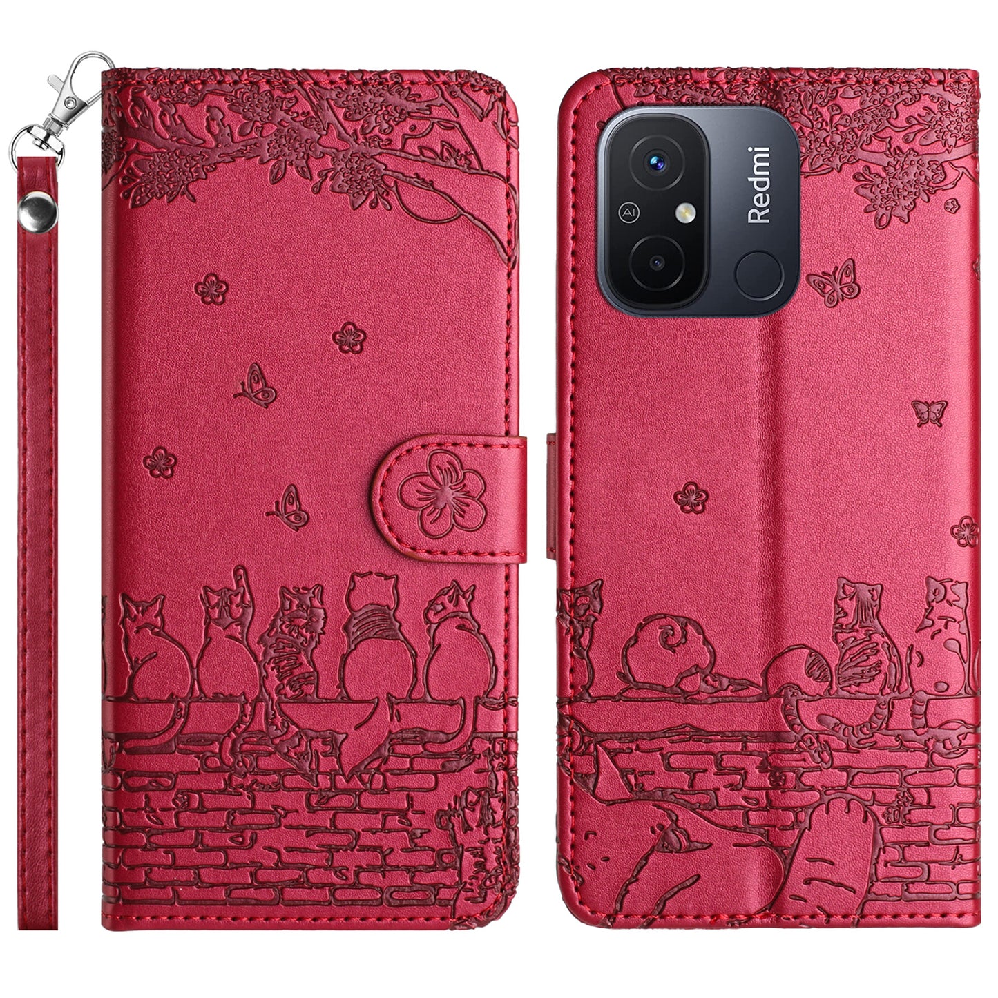Uniqkart for Xiaomi Redmi 12C 4G / 11A 4G Multifunction Wallet Phone Cover Imprinted Wall Cats PU Leather Stand Phone Case with Strap - Red