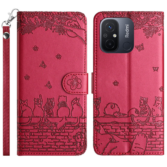 Uniqkart for Xiaomi Redmi 12C 4G / 11A 4G Multifunction Wallet Phone Cover Imprinted Wall Cats PU Leather Stand Phone Case with Strap - Red