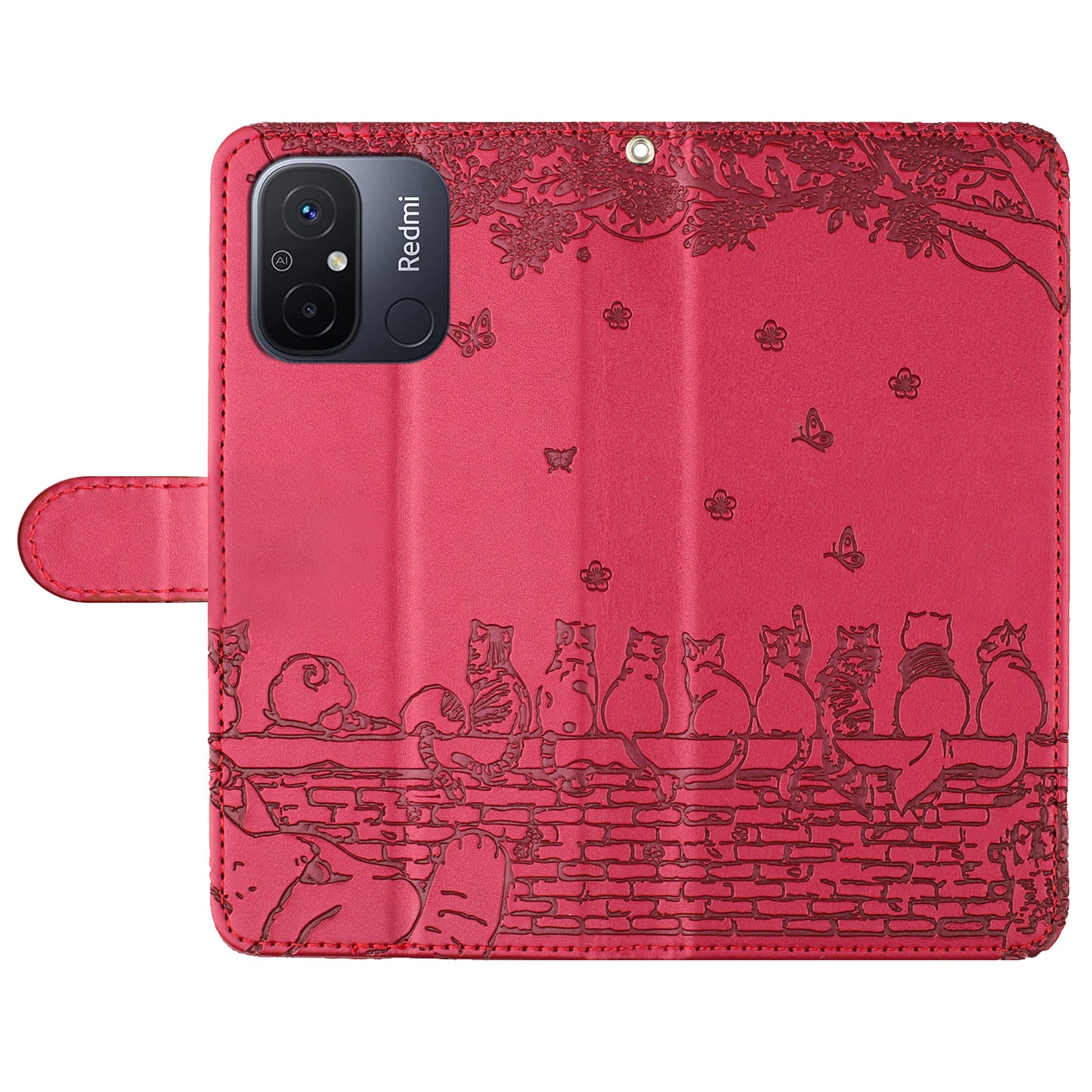 Uniqkart for Xiaomi Redmi 12C 4G / 11A 4G Multifunction Wallet Phone Cover Imprinted Wall Cats PU Leather Stand Phone Case with Strap - Red