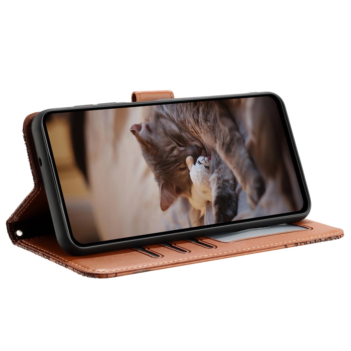 Uniqkart for Samsung Galaxy A13 4G / A04s 4G / A04 4G / M13 5G Shockproof Phone Cover Imprinted Stand Wallet Leather Phone Case with Strap - Brown