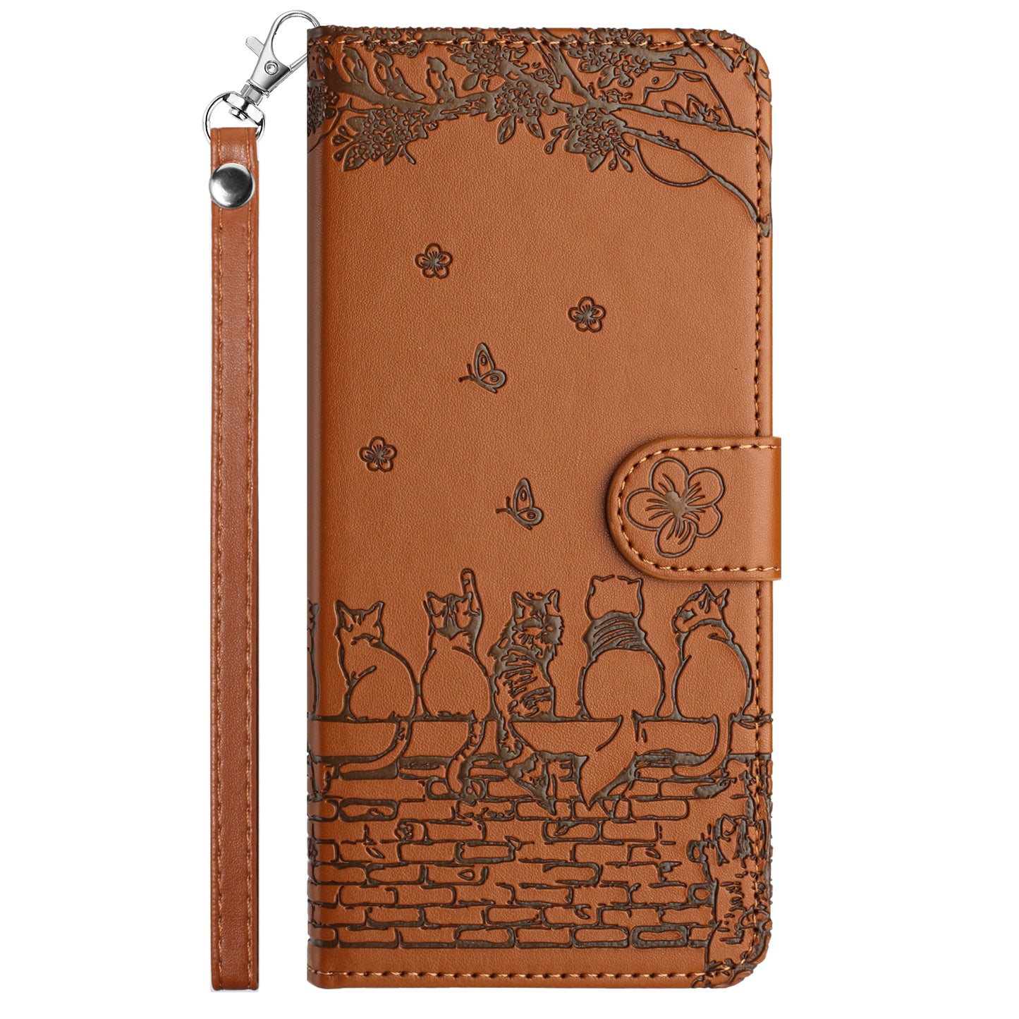 Uniqkart for Samsung Galaxy A13 4G / A04s 4G / A04 4G / M13 5G Shockproof Phone Cover Imprinted Stand Wallet Leather Phone Case with Strap - Brown