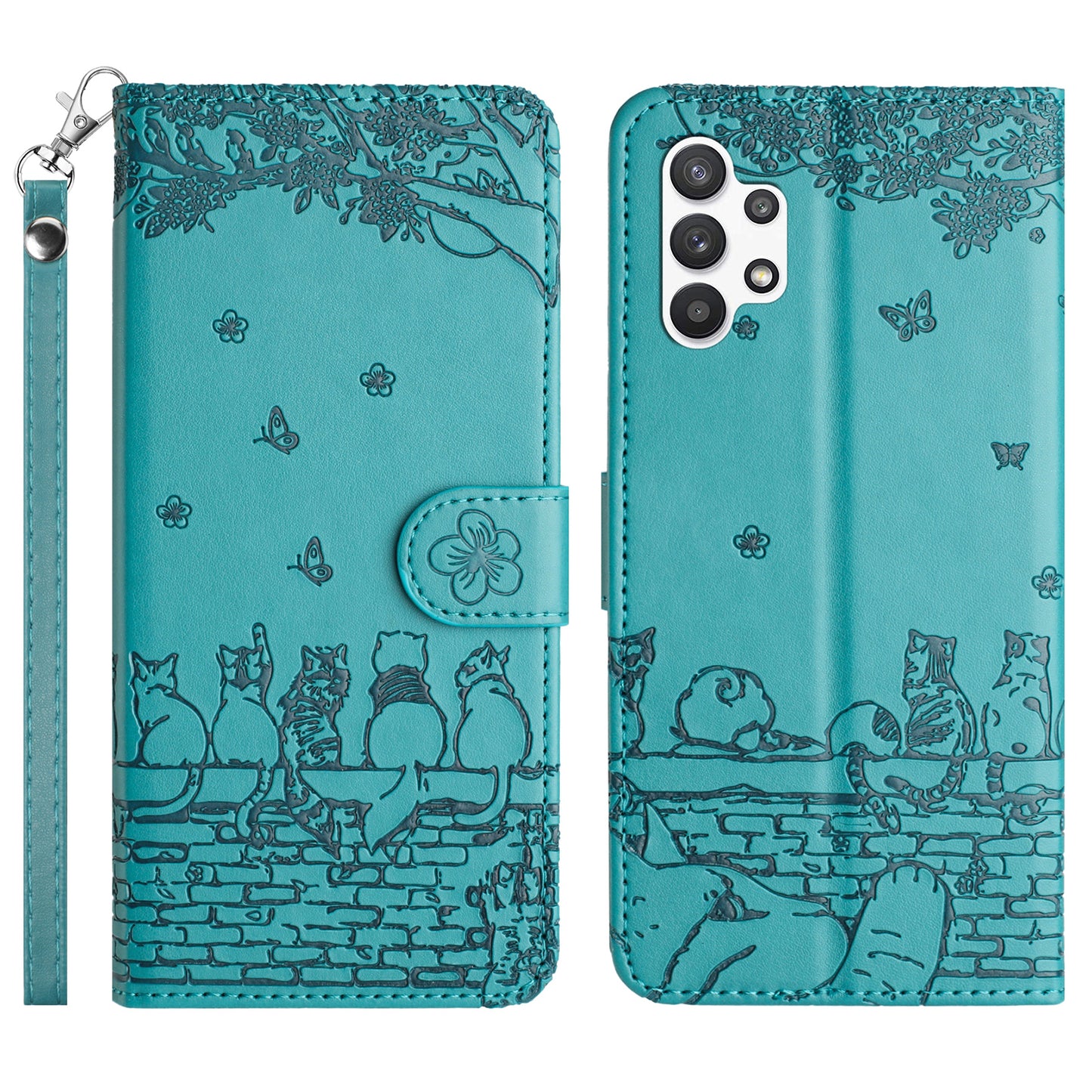 Uniqkart for Samsung Galaxy A13 4G / A04s 4G / A04 4G / M13 5G Shockproof Phone Cover Imprinted Stand Wallet Leather Phone Case with Strap - Blue