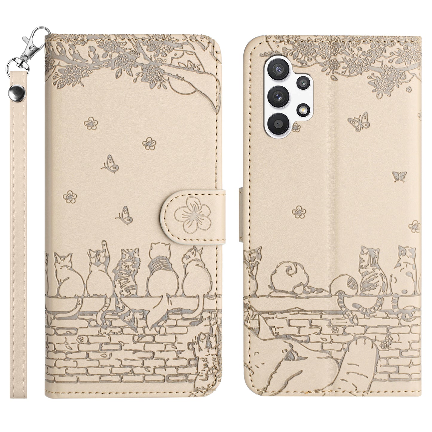 Uniqkart for Samsung Galaxy A13 4G / A04s 4G / A04 4G / M13 5G Shockproof Phone Cover Imprinted Stand Wallet Leather Phone Case with Strap - Apricot