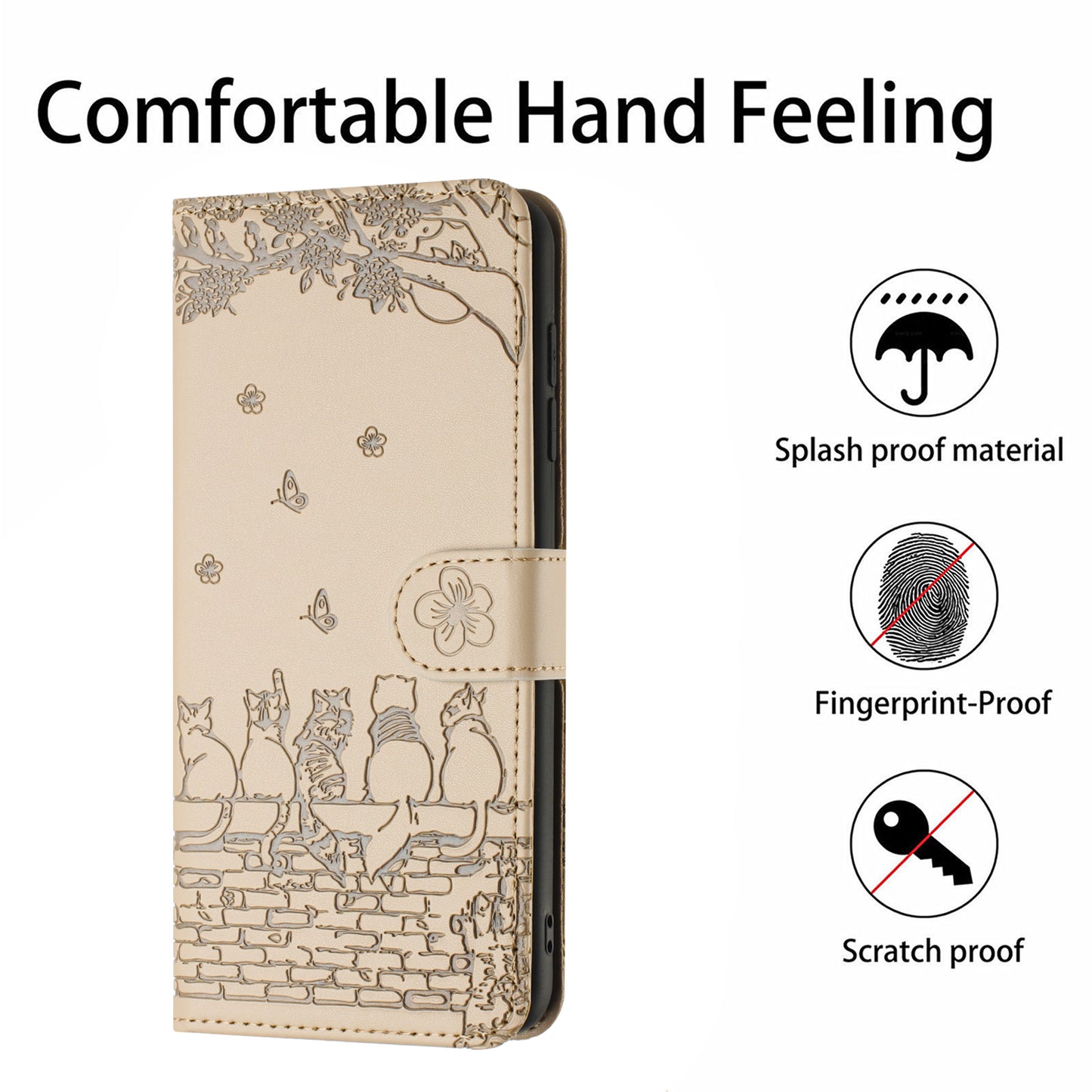 Uniqkart for Samsung Galaxy A13 4G / A04s 4G / A04 4G / M13 5G Shockproof Phone Cover Imprinted Stand Wallet Leather Phone Case with Strap - Apricot