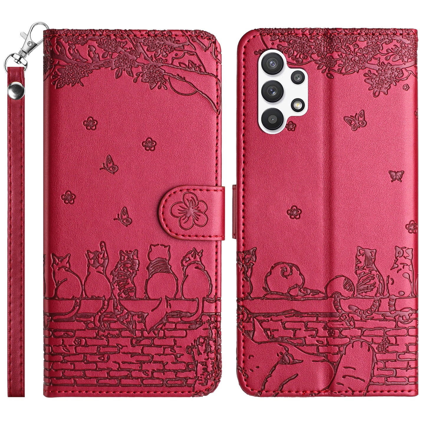 Uniqkart for Samsung Galaxy A13 4G / A04s 4G / A04 4G / M13 5G Shockproof Phone Cover Imprinted Stand Wallet Leather Phone Case with Strap - Red