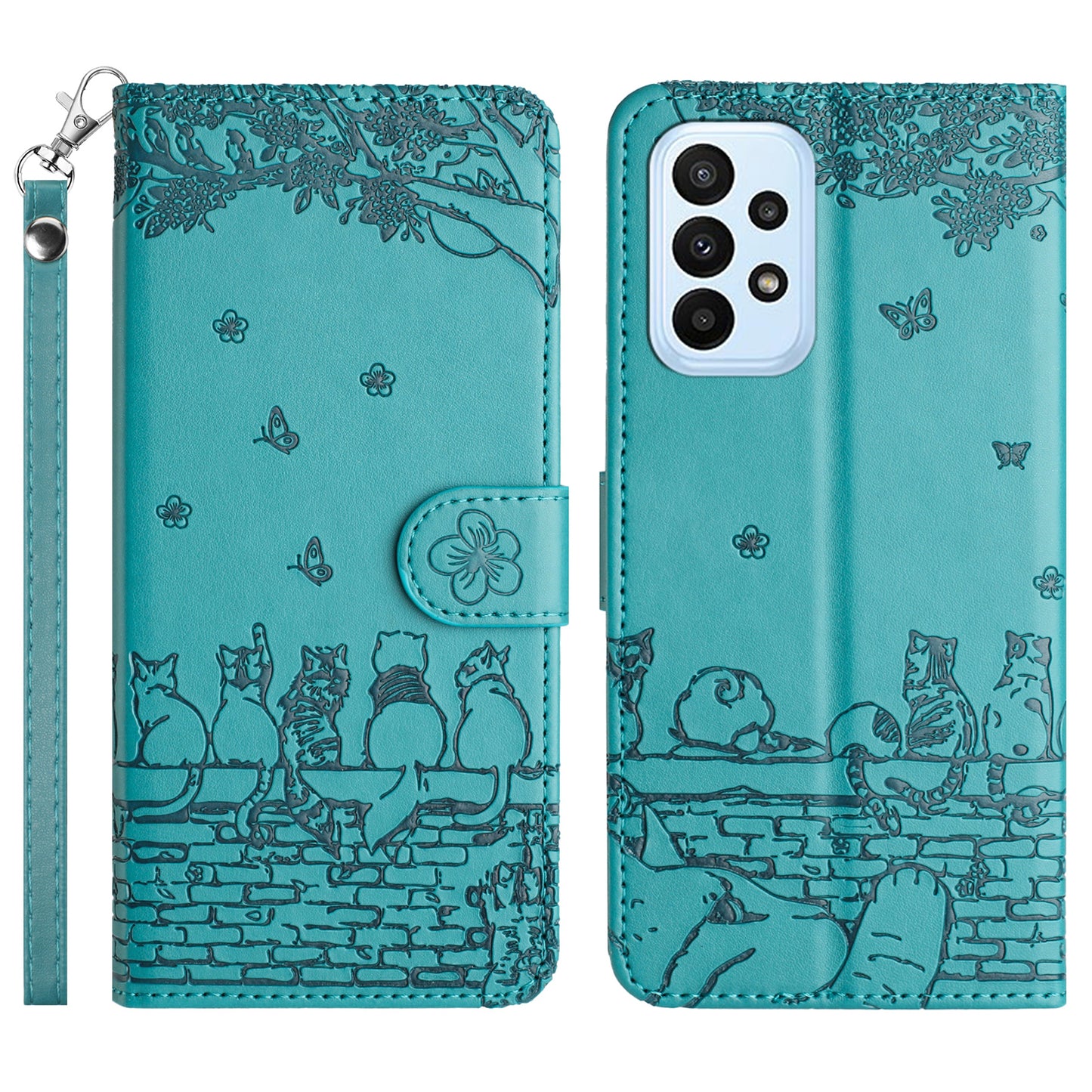 Uniqkart for Samsung Galaxy A23 4G / A23 5G (Global Version) / M23 5G / F23 5G Wallet Phone Cover Imprinted PU Leather Stand Phone Case with Strap - Blue