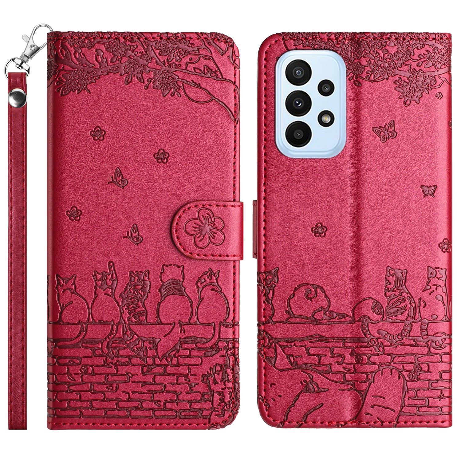 Uniqkart for Samsung Galaxy A23 4G / A23 5G (Global Version) / M23 5G / F23 5G Wallet Phone Cover Imprinted PU Leather Stand Phone Case with Strap - Red