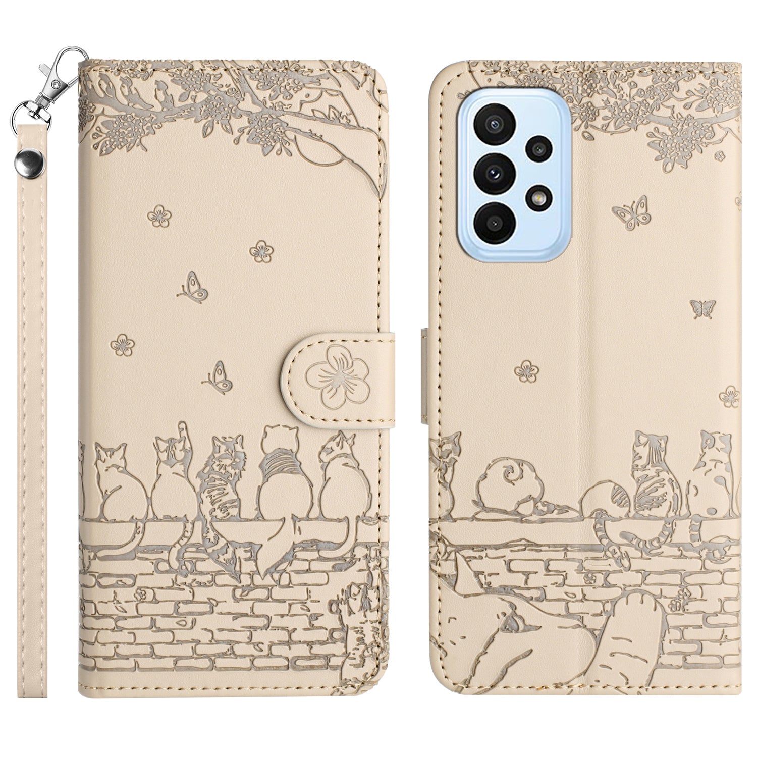 Uniqkart for Samsung Galaxy A33 5G Leather Stand Wallet Phone Cover Imprinted Wall Cats Phone Case with Strap - Apricot