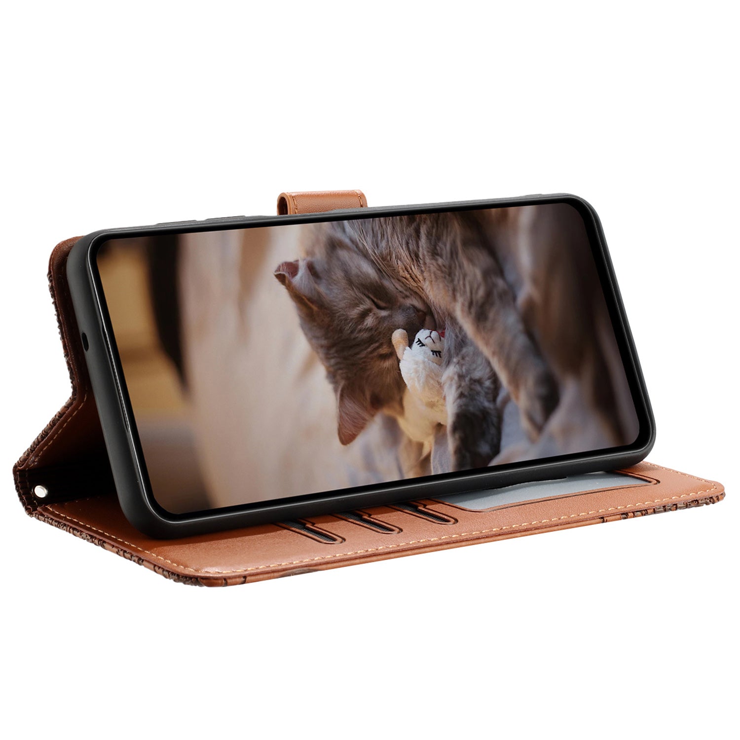 Uniqkart for Samsung Galaxy A33 5G Leather Stand Wallet Phone Cover Imprinted Wall Cats Phone Case with Strap - Brown