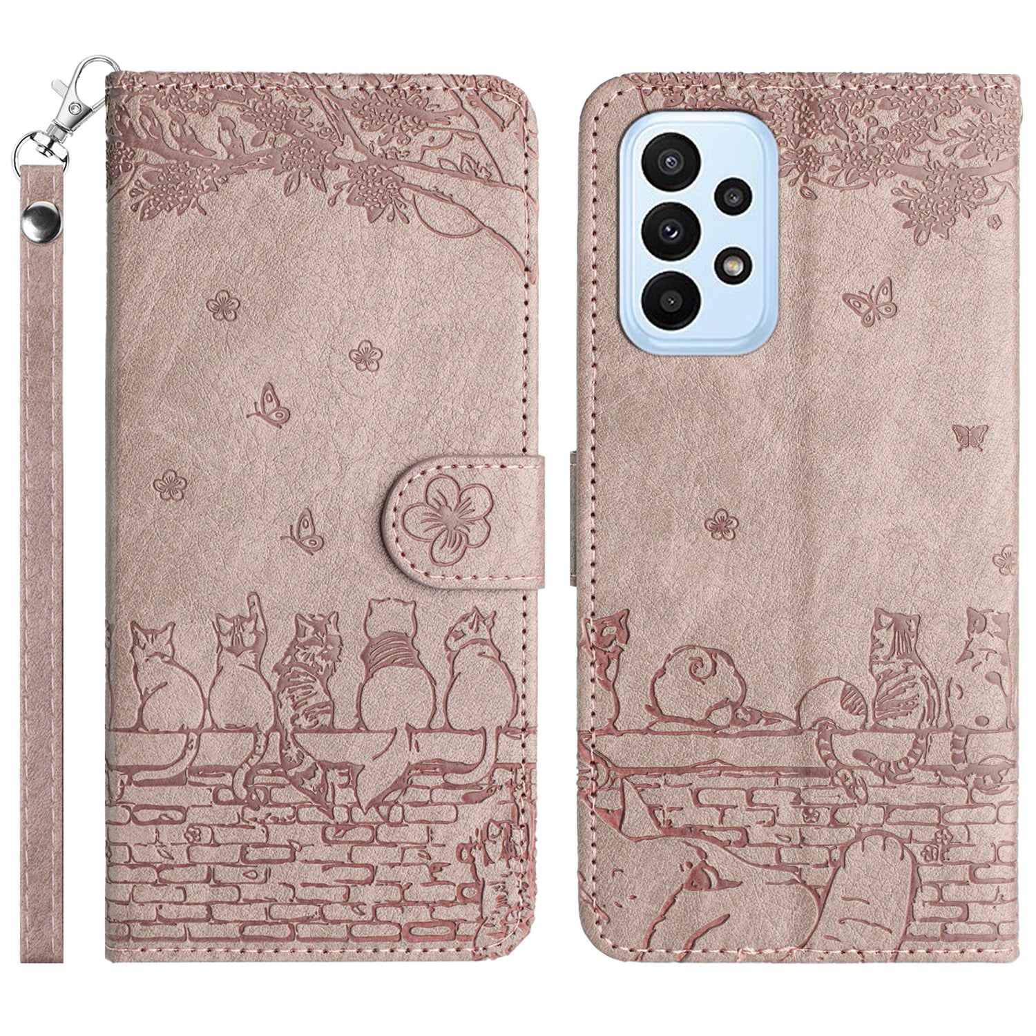 Uniqkart for Samsung Galaxy A33 5G Leather Stand Wallet Phone Cover Imprinted Wall Cats Phone Case with Strap - Smoky Purple