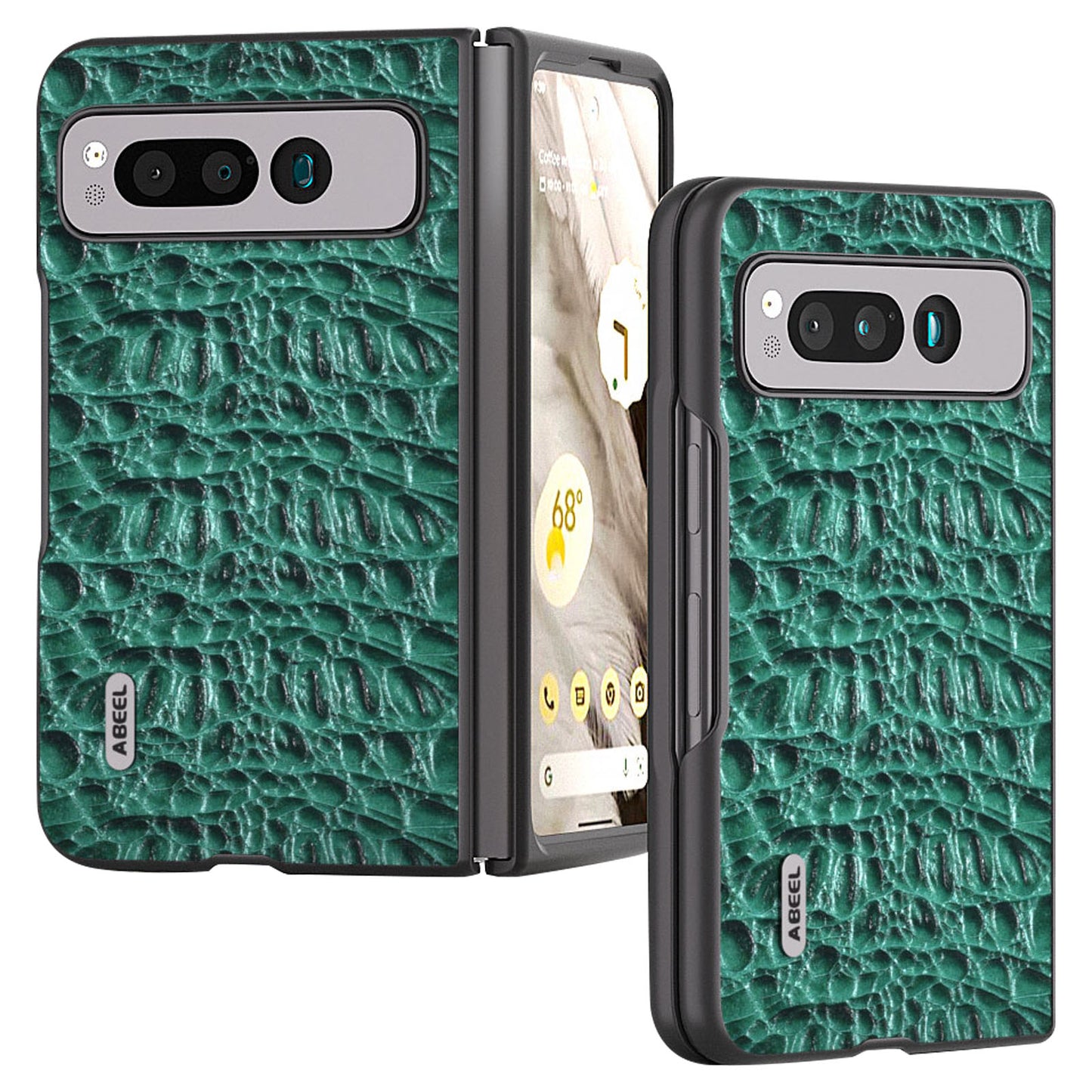Uniqkart For Google Pixel Fold Impact Absorbing Case Canopy Texture Genuine Cow Leather + PC Phone Cover - Green