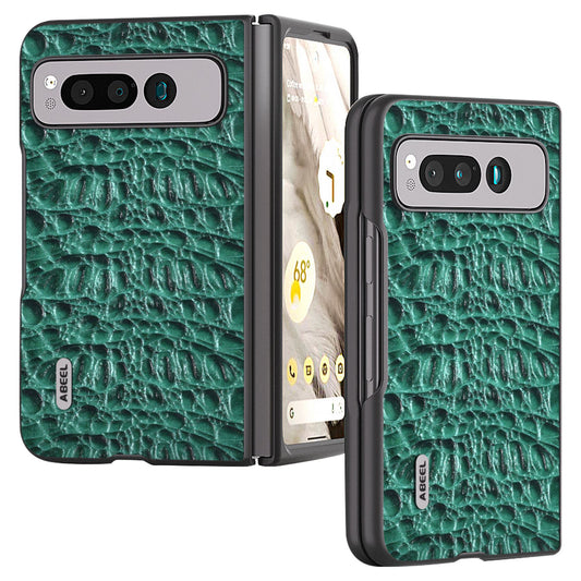 Uniqkart For Google Pixel Fold Impact Absorbing Case Canopy Texture Genuine Cow Leather + PC Phone Cover - Green