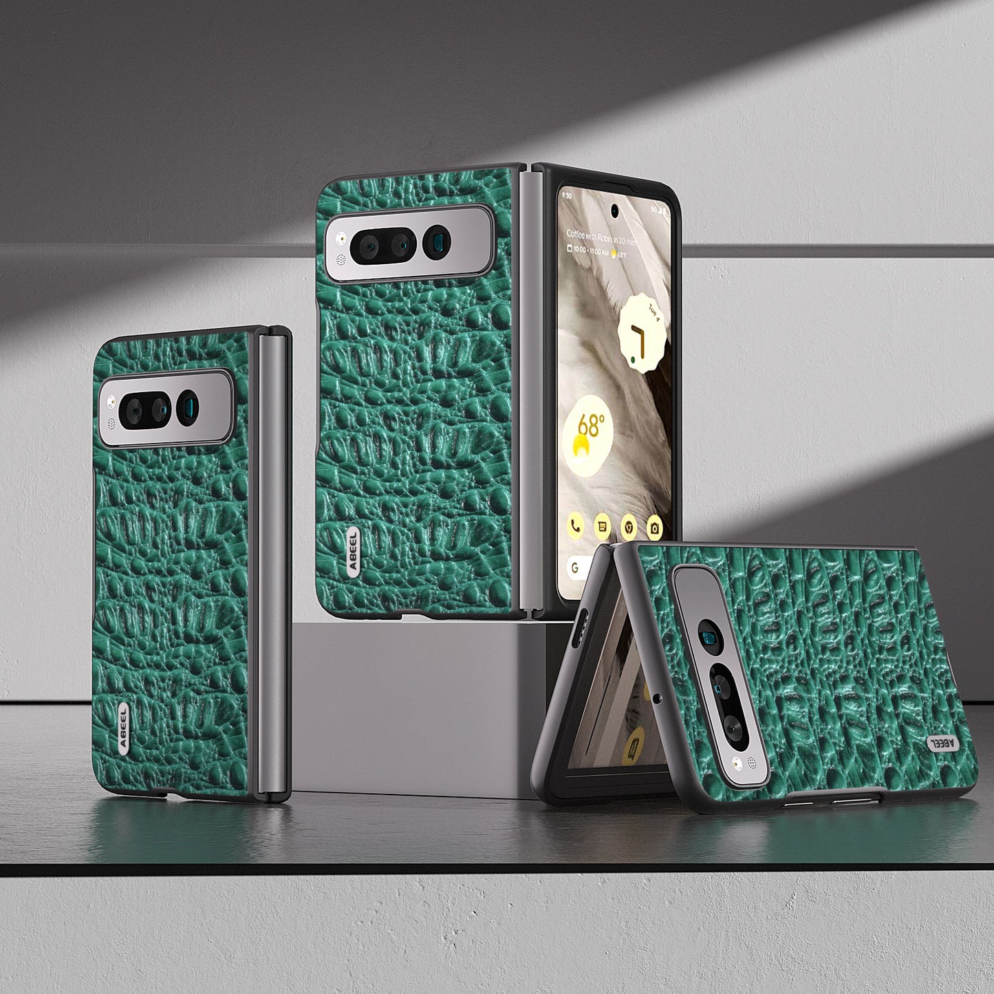 Uniqkart For Google Pixel Fold Impact Absorbing Case Canopy Texture Genuine Cow Leather + PC Phone Cover - Green