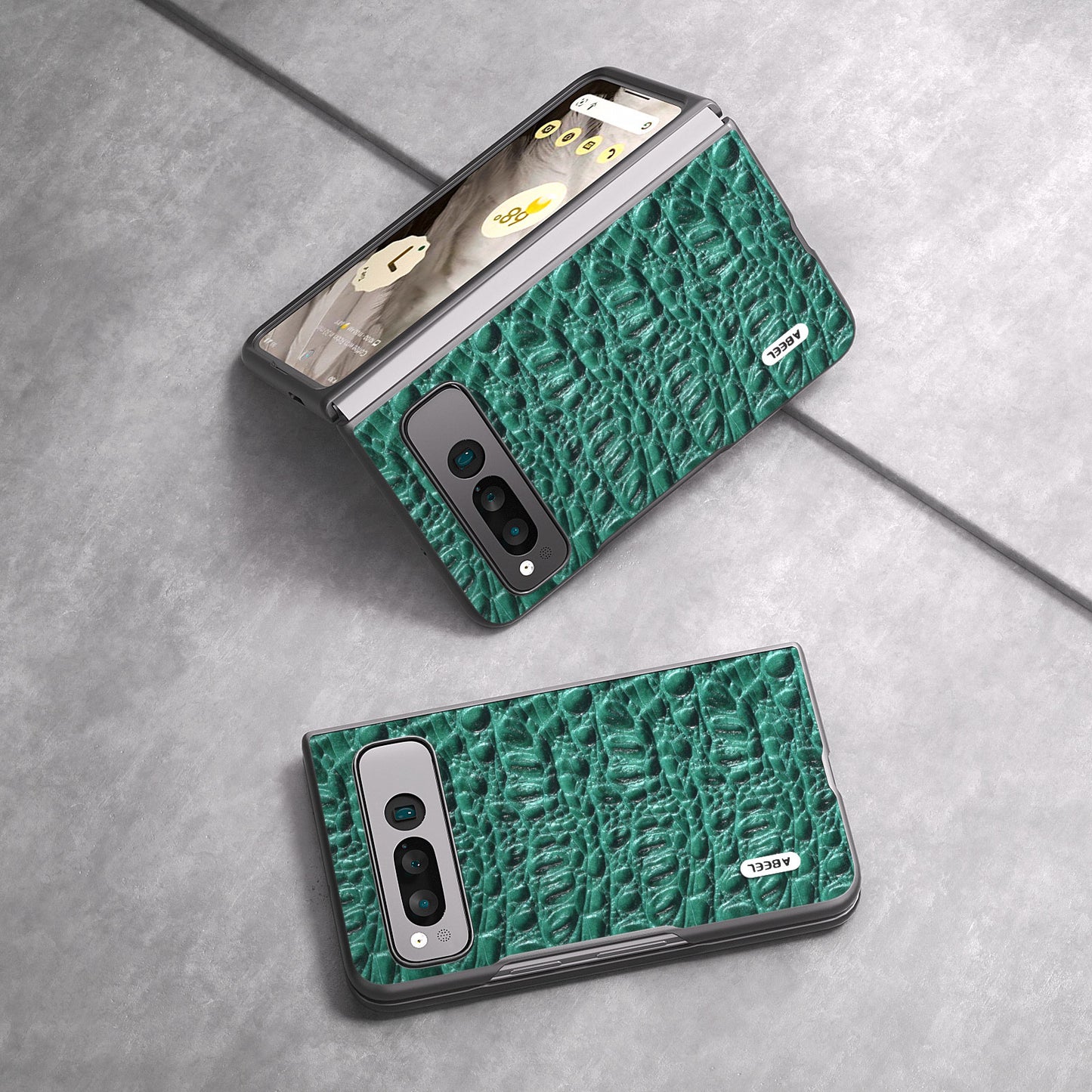 Uniqkart For Google Pixel Fold Impact Absorbing Case Canopy Texture Genuine Cow Leather + PC Phone Cover - Green