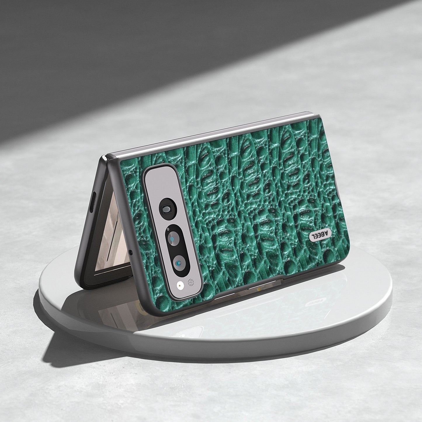Uniqkart For Google Pixel Fold Impact Absorbing Case Canopy Texture Genuine Cow Leather + PC Phone Cover - Green