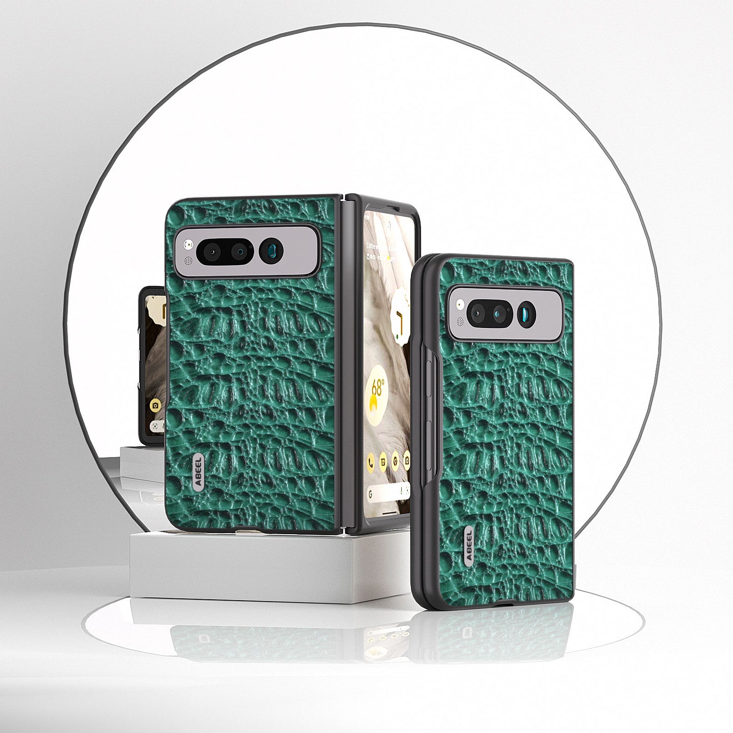 Uniqkart For Google Pixel Fold Impact Absorbing Case Canopy Texture Genuine Cow Leather + PC Phone Cover - Green