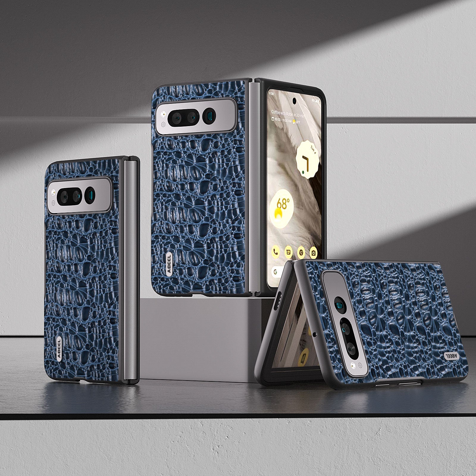 Uniqkart For Google Pixel Fold Impact Absorbing Case Canopy Texture Genuine Cow Leather + PC Phone Cover - Blue